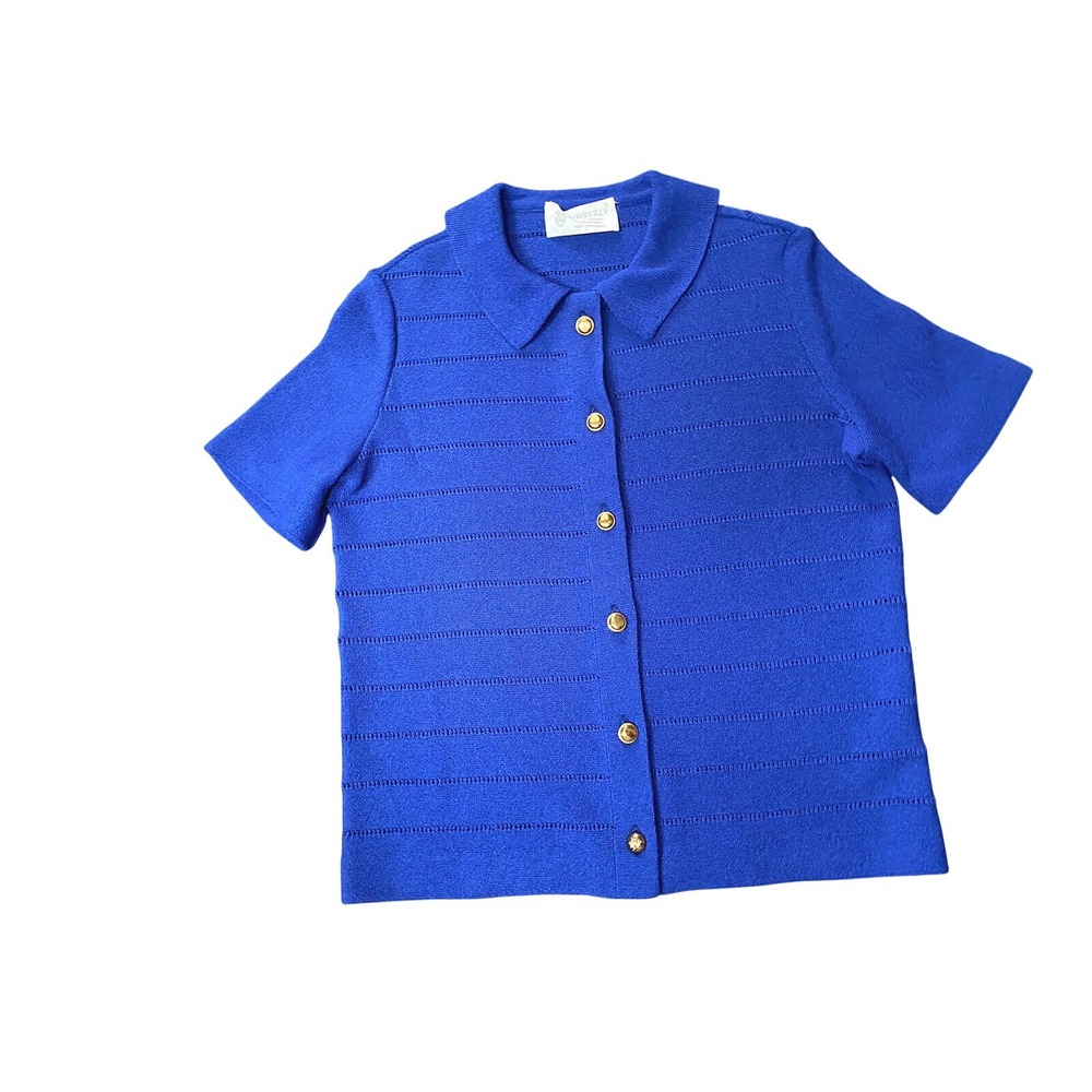 Vintage Kimberly Royal Blue Knit Button Front Top Pointelle 60s 70s Retro   S M